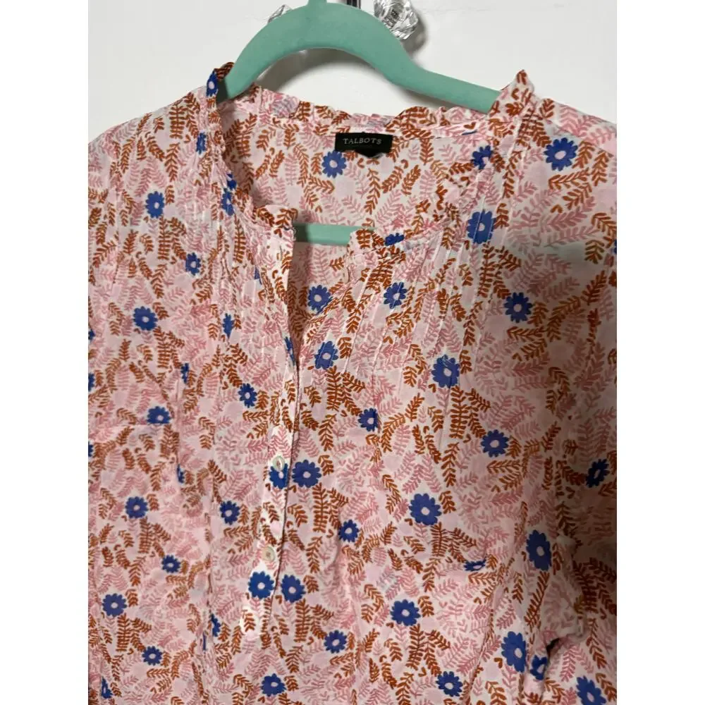 Talbots Orange Blue Floral Ruffle Spring Poplin Popover Blouse Women's Medium - Picture 4 of 8